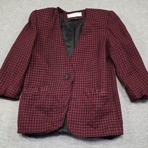 Bert Newman Petite Womens Burgundy Houndstooth Wool Blend Collarless Blazer 8